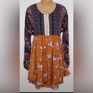 Umgee Dress Boho Babydoll Rust Teal Long Sleeve Tunic size L